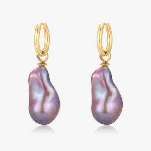 Simple Hoop Style Flame-ball Baroque Fresh Water Pearl Dangle Earrings